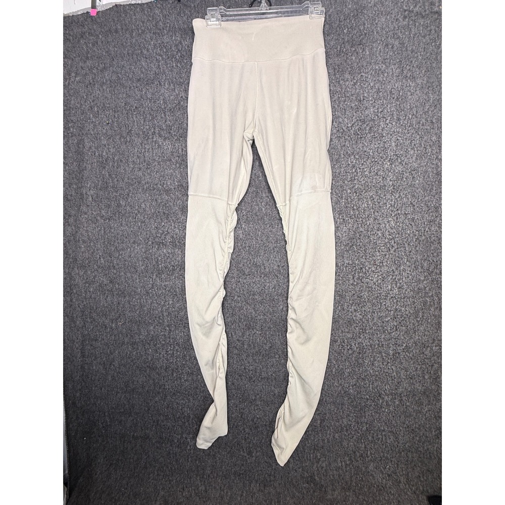 Alo Yoga Goddess Leggings Ivory Cream Ribbed High Waist Ruched Yoga Pants S